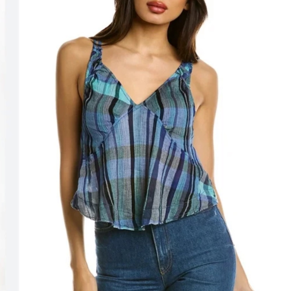 Free People We The Free Boho Plaid Cotton Crop Top Size Large Navy Combo